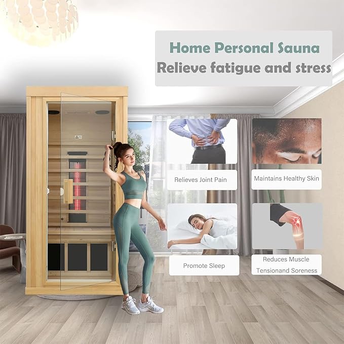Ceramic Infrared Sauna, 1 Person Infrared Sauna, Hemlock Wood Home Sauna Spa, Far Infrared Sauna Indoor, Low EMF Infrared Saunas for Home with Smart Display, Bluetooth Speaker,1,240 watt