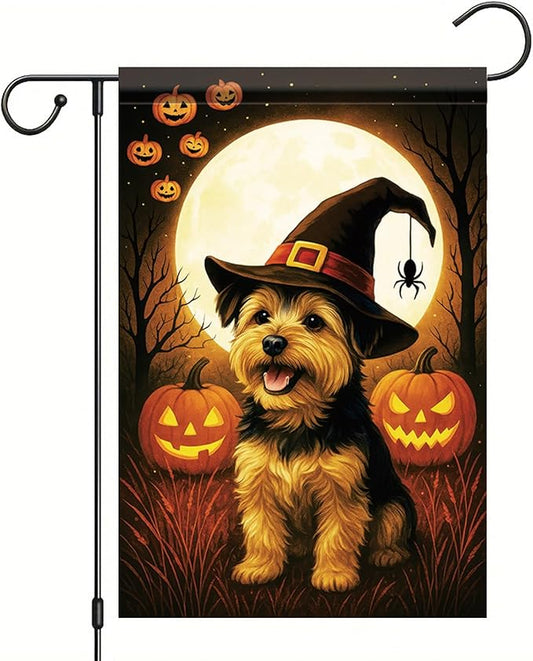 Halloween Garden Flag Yorkshire Terrier Dog Flag 12x18 Inch Double-Sided Pumpkin Witch Hat Spider Yard Banner Fall Outdoor Decoration for Porch Lawn Pathway Dog Lover Gift