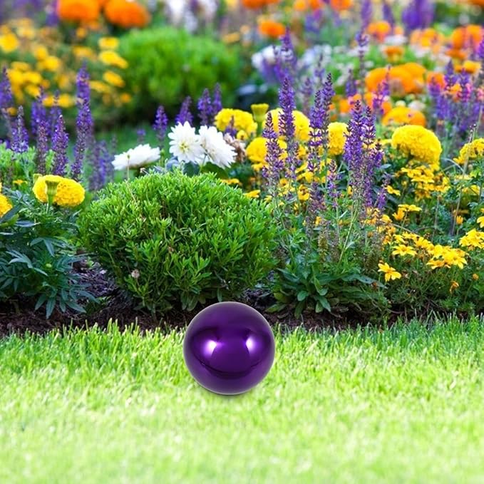 Happyyami Stainless Steel Mirror Reflective Ball Purple Gazing Ball for Garden Decor 15Cm Outdoor Accent 2Pcs Set