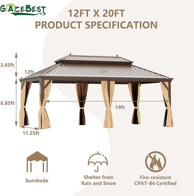 12'x20' Hardtop Gazebo Outdoor Aluminum Patio Gazebo Double Roof Galvanized Steel Canopy with Netting and Curtains for Garden, Backyard,Deck and Lawns