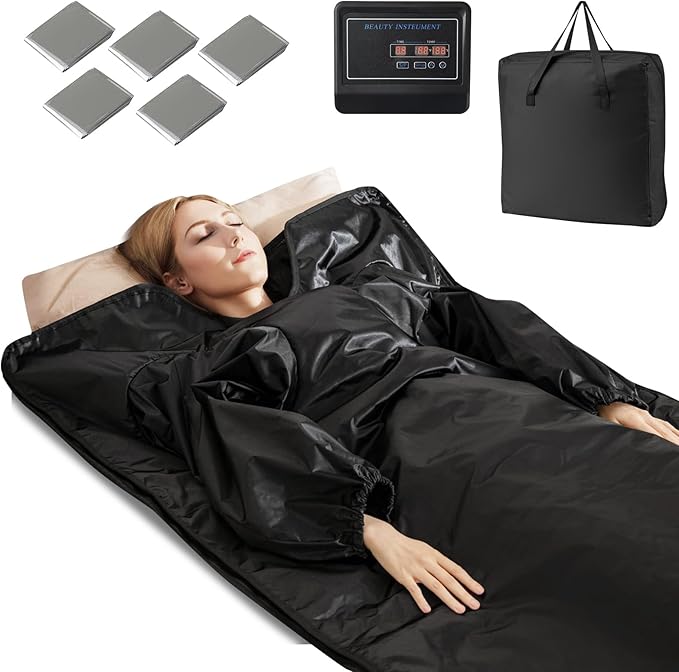 COSTWAY Infrared Sauna Blanket with Sleeves, Portable Full-Body Sauna Bed with Carry Bag, 30-90Min Timer, 90-180°F Temp Range for Relaxation & Detoxification, Muscle Tension Relief