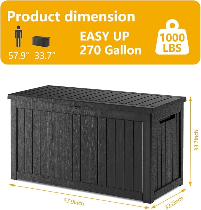 270 Gallon Deck Box, Resin Outdoor Indoor Waterproof Storage Box, Lockable Storage Box With Handle for Patio Furniture - Garden Tools - Swimming Pool Tools UV Resistant, Black - 270