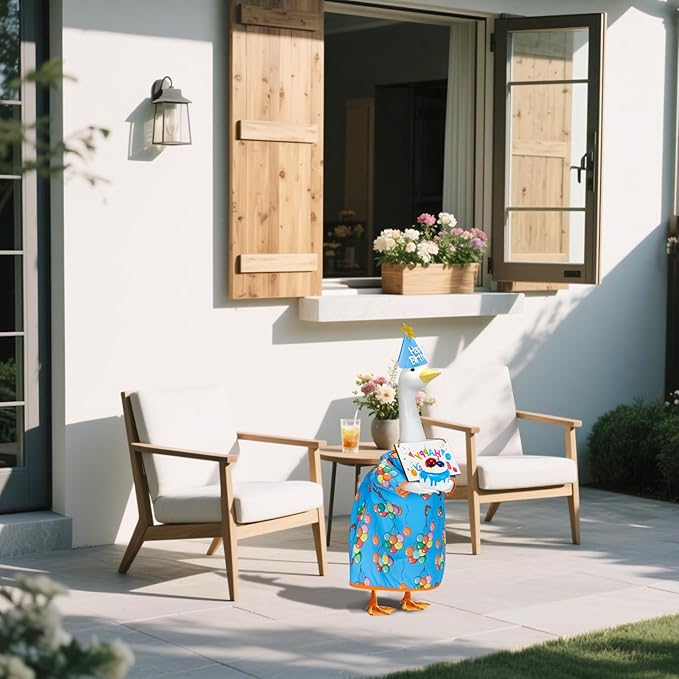 4PCS Porch Goose Birthday Outfit - Happy Birthday Goose Clothes for 23'' High Cement or Plastic Lawn Goose, Goose Dress with Hat and Sign, Garden Silly Porch Duck Costum Blue