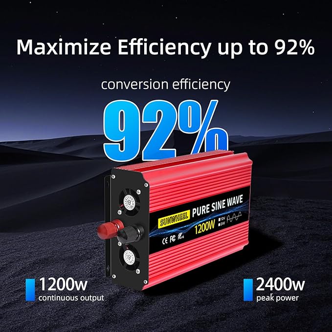 SUNWHEEL 1200W 24V Pure Sine Wave Inverter, 24V DC to 110V/120V AC Power Inverter for RV、Off Grid、Truck、Power Outage with 2 AC outlets and LCD Display