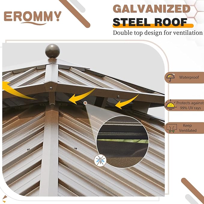 EROMMY 10'x13' Hardtop Gazebo Double Roof Galvanized Steel Canopy Outdoor Aluminum Frame Permanent Metal Pavilion with Netting and Curtains for Patio Backyard Deck and Lawns