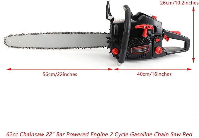 Topteng Gasoline Chainsaw 22 Inch, 62cc Chainsaw 22" Bar Powered Engine 2 Cycle Gasoline Chain Saw, Red