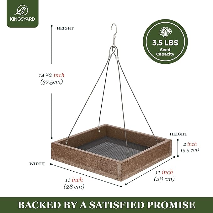 Kingsyard Platform Mealworm Bird Feeder for Outside, Recycled Plastic Hanging Tray Bird Feeders with Large Capacity 3.5 lbs, Premium Quality & Durable, Great for Attracting Wild Birds, Brown