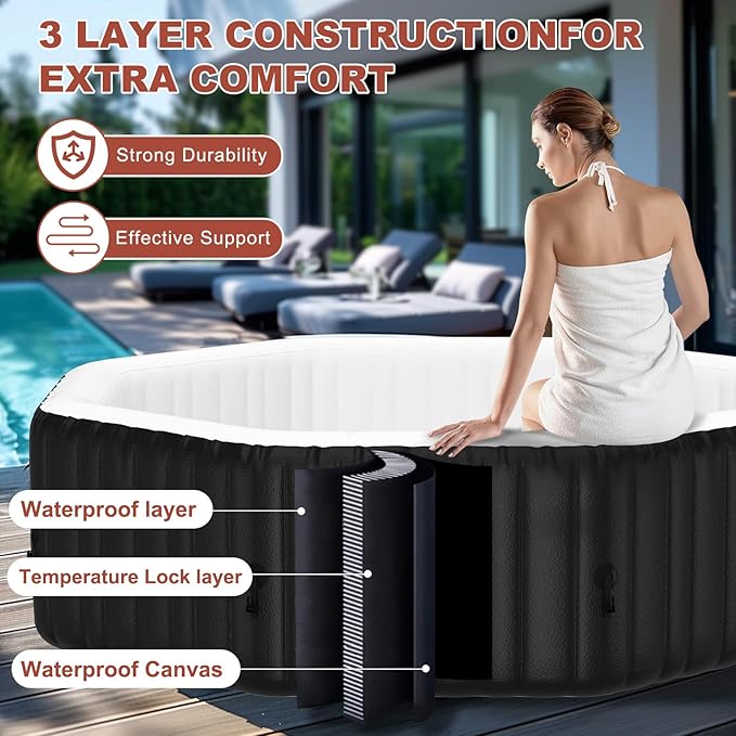 LILYPELLE Inflatable Hot Tub 4-6 Person, Octagonal Portable Hot Tub with 130 Bubble Jets, Large Outdoor Spa Bathtub Set Included Heater Pump, Filter and Insulated Cover, 77" X 77" X 25"