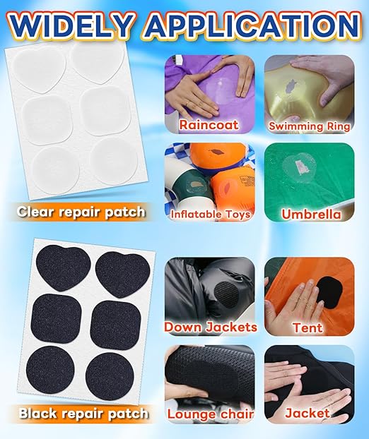 Heavy Duty Repair Patch Kit for Bounce House, Fabric, Tent, Canvas, Canopy, Pool Floats, RV Awning, Boat Covers, Waterproof, Clear and Black, 12PCS