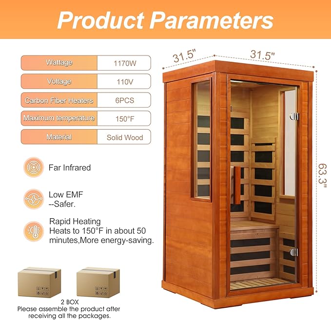 Far Infrared Sauna 1170W 110V, Low EMF Infrared Sauna with Red Light Therapy, Carbon Fiber Infrared Saunas 1 Person W/Bluetooth Speakers/Control Panel for Basement/Home Gym/Bathroom