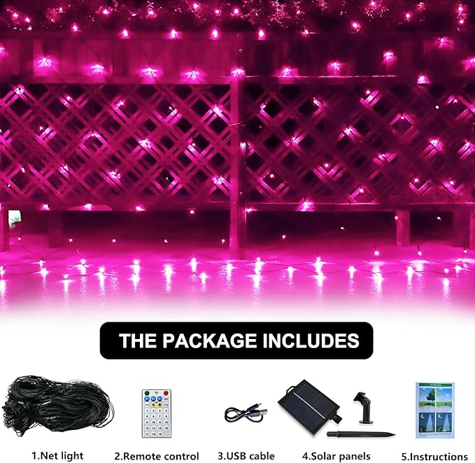 Solar Net Lights Outdoor Mesh Lights Christmas Decorations, 200LED String Tree Wrap Waterproof 19 Modes for Bushes, Fence,Garden, Shrubs,Trunk, Halloween,Xmas Decor (Pink, 9.8ft x 6.6ft)