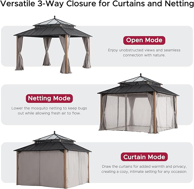 SUNJOY Kingston 12' x 12' Hardtop Gazebo with Galvanized Steel/Polycarbonate Double Roof, Curtain and Netting, Woodgrain Finish Aluminum Posts Permanent Pavilion Gazebo for Garden, Patio, Deck, Lawn
