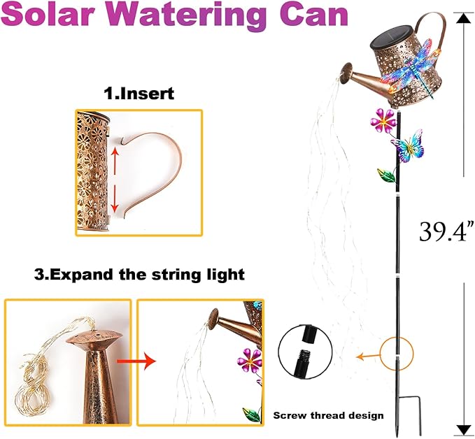 Solar Lights Outdoor Decorative, 39.4'' Metal Solar Watering Can Lights with Dragonfly, Waterproof Garden Stake Lights for Yard Lawn Patio Pathway Landscape, Gardening Gifts for Mom Grandma Women