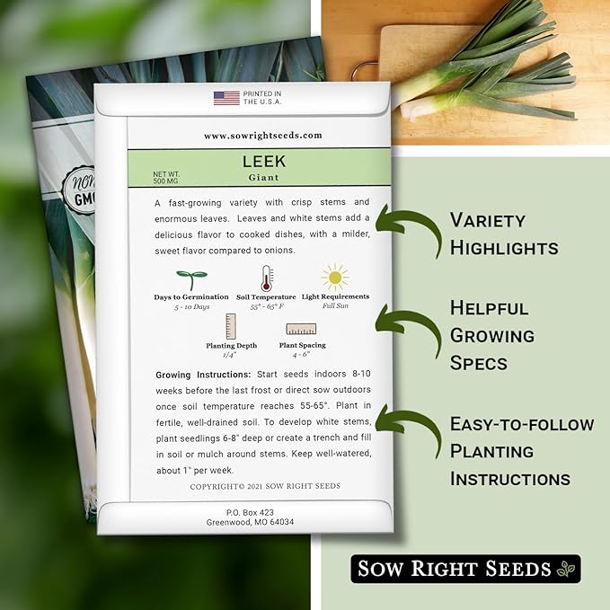 Sow Right Seeds - Giant Leek Seeds for Planting - Non-GMO Heirloom Packet with Instructions to Plant and Grow an Outdoor Home Vegetable Garden - Large Green Chive Onion - Cook Asian Cuisine (4)