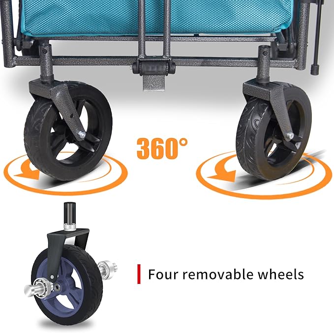 Collapsible Wagon Cart with Quick-Release Wheels & 2 Seats - Heavy-Duty Utility Wagon 265LBS Capacity for Camping, Garden, Shopping Folding Wagon (Turquoise)