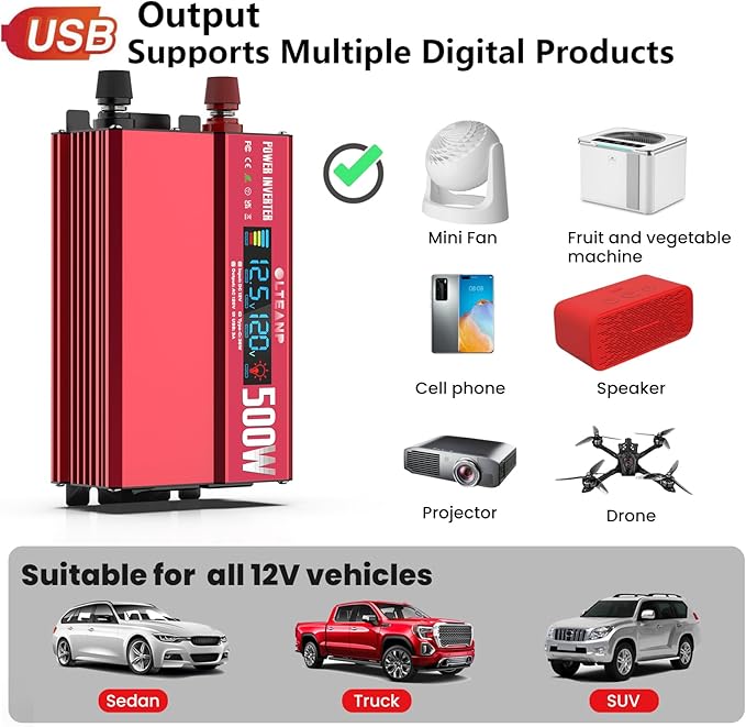 500W Power Inverter with LCD Screen Display, 2 AC Outlets, 36W Type-C Port, 5V/3A USB Port, 12V DC to 110V/120V AC Inverter for Truck, Home, Vehicles, Laptop, Trip