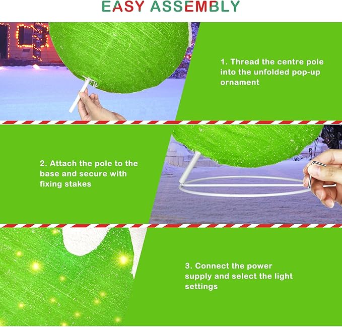 BRIGHTDECK Outdoor Christmas Ball Decoration, 80 LED Lights, 8 Light Modes, Pop-Up Collapsible Holiday Ornament (Green)