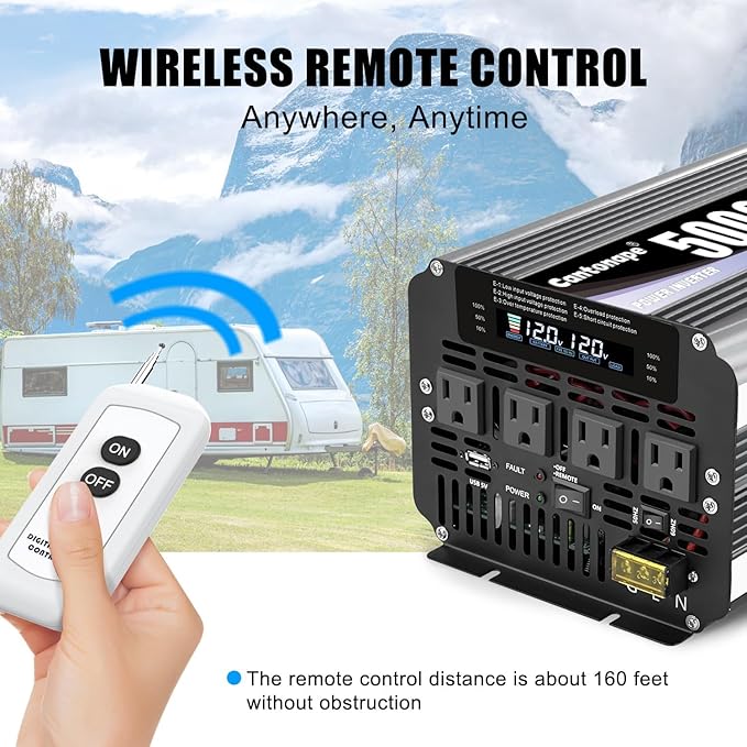 5000W Power Inverter 12V to 110V/120V DC to AC with LCD Display, Remote Controller and 4 x AC Outlets Car Adapter for Car Truck Boat RV Off Grid Solar System