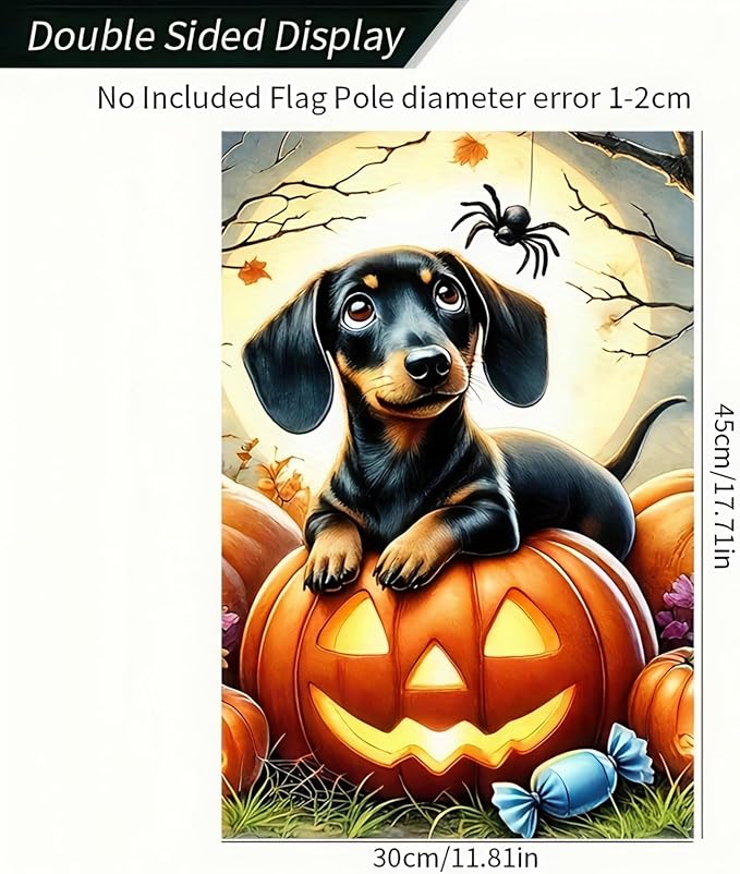 Halloween Garden Flags 12x18 Inch Double Sided Trick or Treat Dachshund Dog Garden Flag Halloween Dog Skeleton Decorations Banner Small Halloween Outdoor Yard Flag for Outside