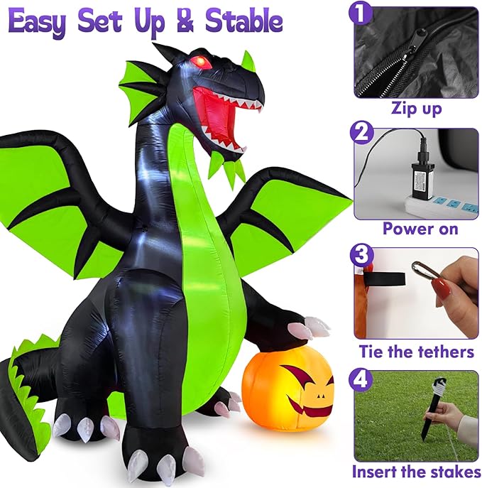 Danxilu 9FT Halloween Inflatable Outdoor Decoration Blow Up Dominating Green Dragon with Pumpkin Built-in LED Lights Spooky Blowups Yard Decor for Halloween Fun Holiday Party Garden Lawn Decor