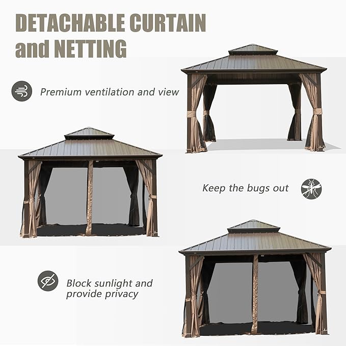 Domi 8’ X 8’ Hardtop Gazebo Canopy with Netting & Curtains, Outdoor Gazebo with Galvanized Steel Double Roof for Patio Lawn and Garden, Brown