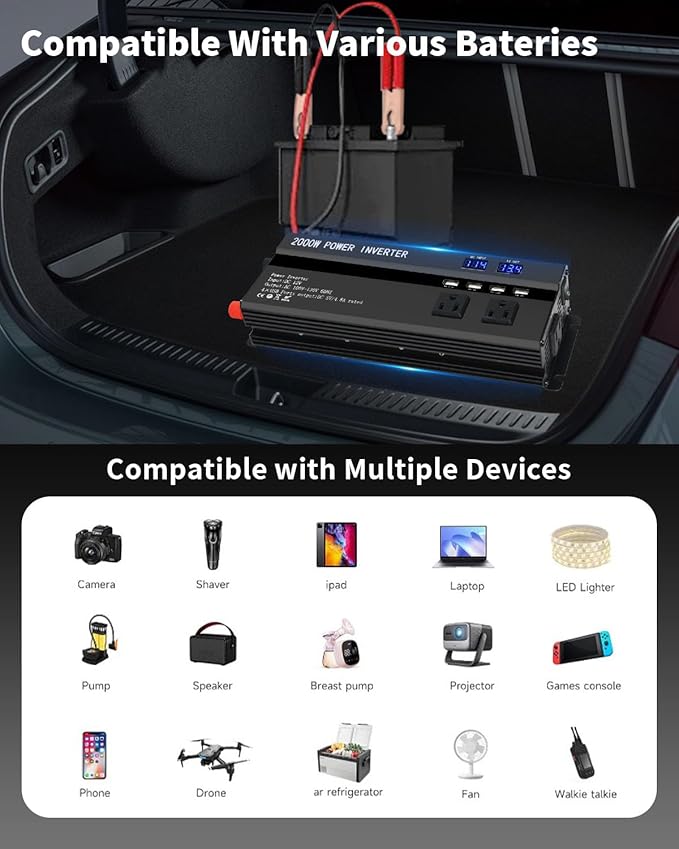 Car Power Inverters 2000W Inverter - 12v DC to 110v AC Converter with 3 AC Outlets 4 USB Port DC 5V/4.8A,Power Inverter 2000w,Car Power Converter for Truck/Home/Vehicles/Laptop Trip