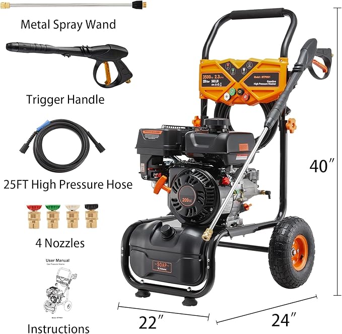 Gas Pressure Washer, 3500PSI Gas Power Washers 209CC 2.3GPM High Pressure Washers with 25FT Hose, 4 Quick-Connect Nozzles, Soap Tank, Axial Pump, Portable Pressure Washer Gas Powered for Car
