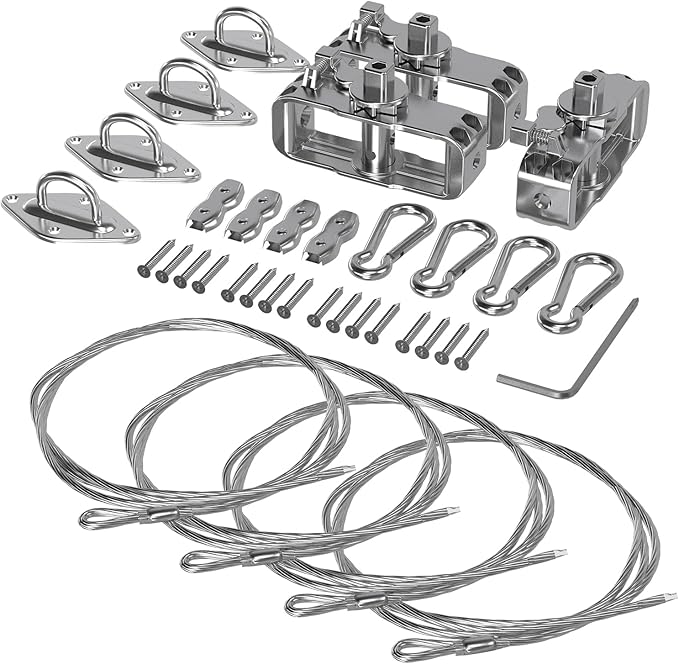 Sun Shade Sail Hardware Kit- 24' Ft (6'x4) Steel Tension Cable with Winch Kit Pad Eyes Snap Hooks Sunshades Installation Kit for Rectangle Shade Sails Deck Patio Yard