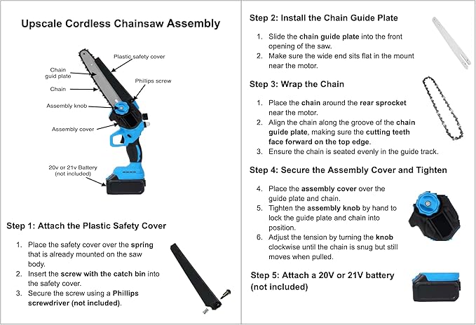 Upscale 8-Inch Cordless Mini Chainsaw – Brushless Motor, Lightweight 4 lbs, Safety Lock, 21V Power (Battery Not Included, Assembly Required)