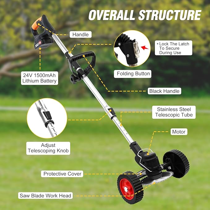 ALSO GO Cordless Weed Wacker, Grass Trimmer Fordable with 2 pcs Batteries & Charger, 3 in 1 Stringless Lightweight Weed Eater/Brush Cutter/Edger/Mower with 3 Types Blade & Wheels for Garden Yard Lawn