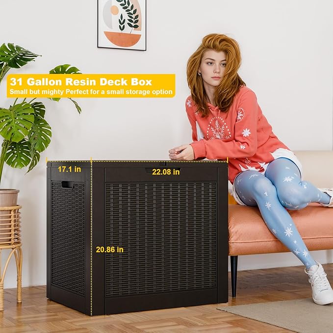 ROJIK 30Gallon Outdoor Storage Box - Waterproof Patio Furniture Deck Box, Garden Tools, Cushions, Pool Accessories Storage Bench with Lockable Lid and Side Handles (Black Rattan, 30 Gal)