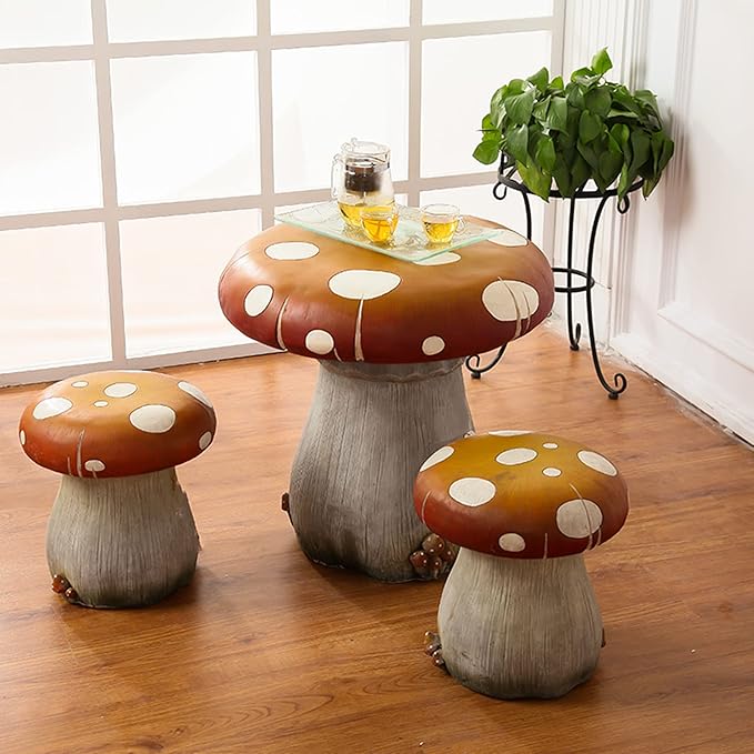 Mushroom Resin Statue 20.8'' High Indoor Outdoor Table Over Sized Sculpture Courtyard Lawn Pond Ornament Garden Outdoor Patio Round Table Stool Decoration Red Mushroom