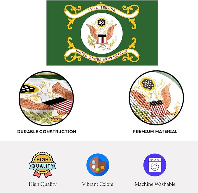 AGAS US Army Retired Flag 2x3 Ft - Printed Single Sided Polyester - Stitched Edges Polyester Header Plated Grommets - Indoor Army Retired Flag