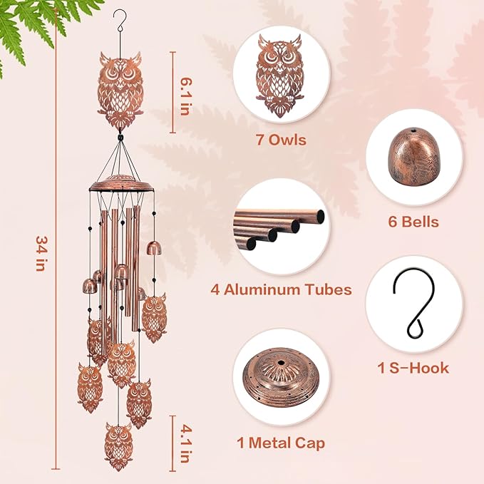 Owl Wind Chimes Outdoor Owl Gifts for Women/Men/Mom/Wife/Grandma Birthday Gifts Memorial Gift Metal WindChimes for Outside/Indoors, Lawn, Patio, Home, Porch, Yard Decor, Garden Decorations