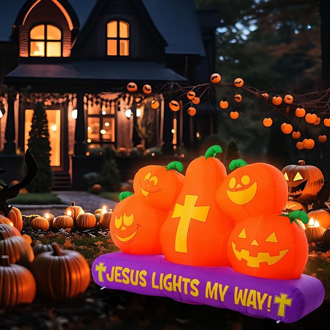Chivao 5 ft Halloween Christian Inflatable Pumpkins Decoration for Outdoor Jesus Lights My Way Inflatable Pumpkins Trunk or Treat Blow up Yard Decor Halloween with LED for Garden Lawn Holiday Decor
