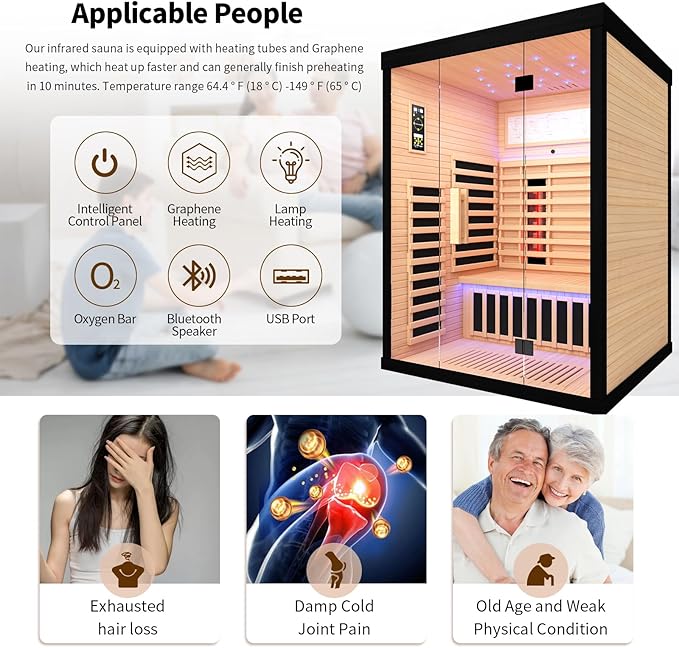 Home Sauna Far Infrared Sauna Dry Sauna for 2 Person,7-Colors LED Light Indoor Sauna Room with Low EMF 2160W,10 Minutes Pre-Warm up,Canadian Hemlock Wood