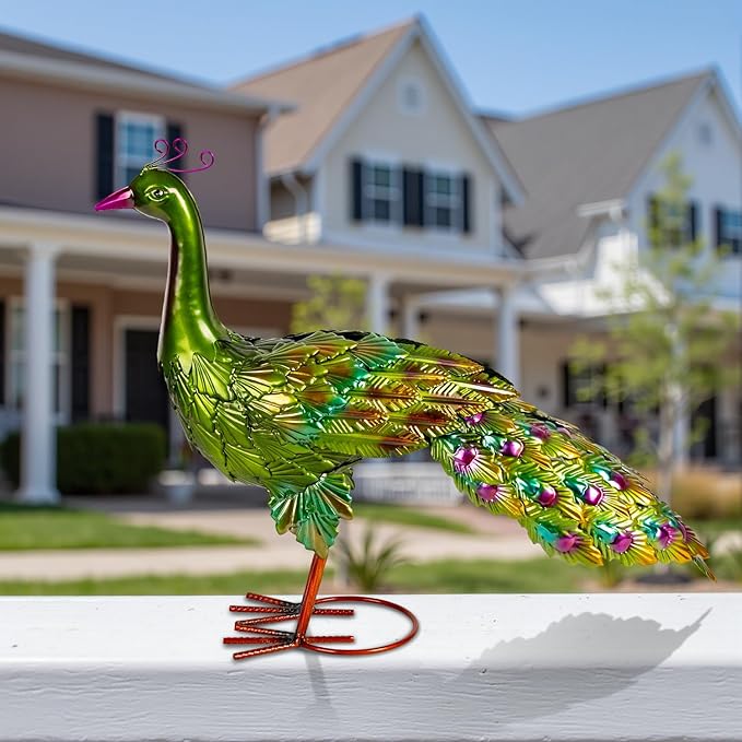 Peacock Yard Art Garden Decor Metal Peacock Outdoor Statue & Sculpture for Patio Lawn Backyard Outside Decorations Vibrant Multicolor, Green