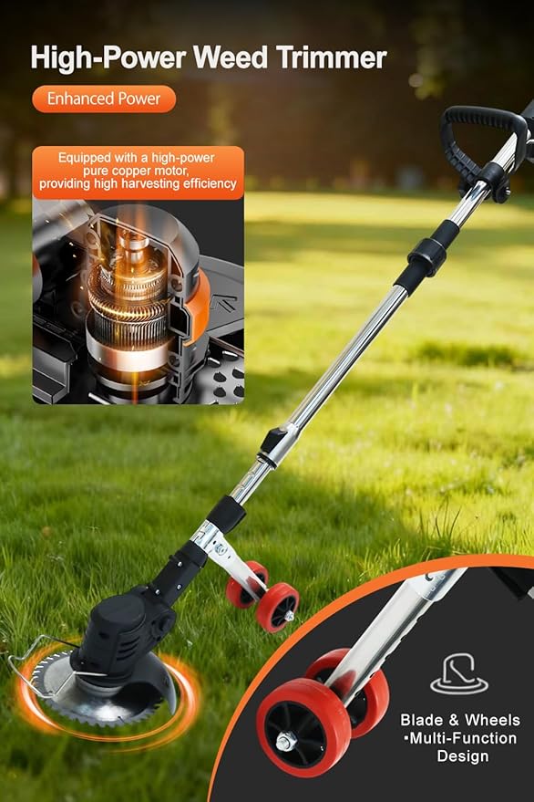 Cordless Weed Wacker with Wheels, Electric Weed Eater, 2 Batteries, Lightweight Grass Trimmer for Lawn, Garden and Yard Maintenance