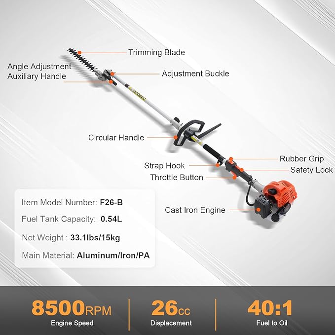 VEVOR 5-in-1 26cc 2 Cycle Gas Powered Dual Sided Hedge Trimmer, Weed Eater, String Trimmer, Edger, Pole Saw Chainsaw Pruner with EPA, CE and EMC Certification
