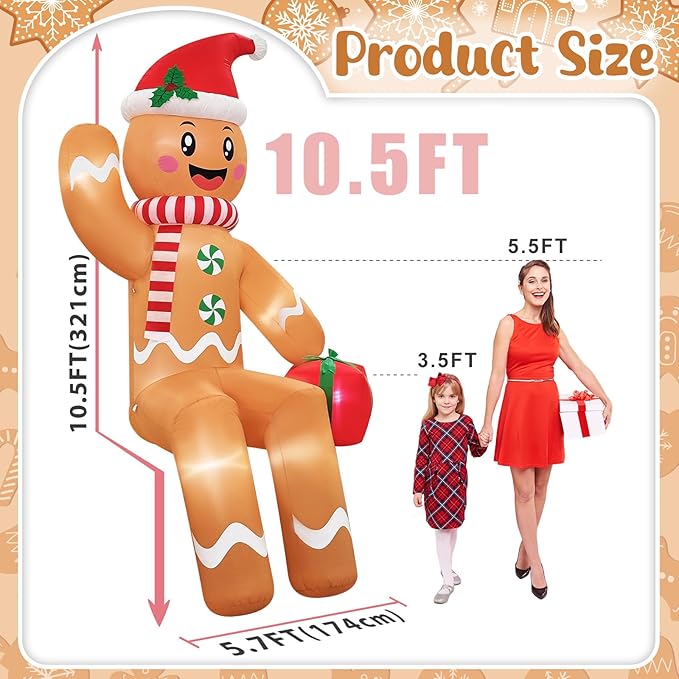 10FT Christmas Inflatable Outdoor Decoration, Sitting Waving Gingerbread Inflatables Outdoor Decorations with Built-in LEDs, Gingerbread Blow Up Yard Decorations for Xmas Party Holiday Decor