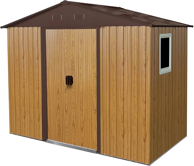 8x4 ft Outdoor Metal Storage Shed with Floor Foundation and Window, Lockable Galvanized Steel Tool Shed with Sliding Door and Air Vent, Waterproof Garden Storage House for Backyard, Patio