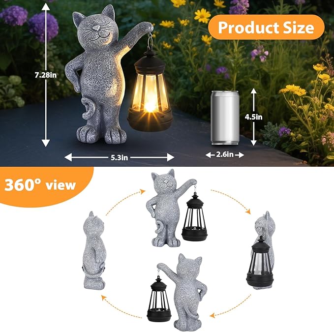 Solar Cat Garden Statues with Solar Lantern, Outdoor Cat Garden Figurines Decorations for Yard Patio Lawn Balcony, Unique Birthday Gifts for Mom Women.