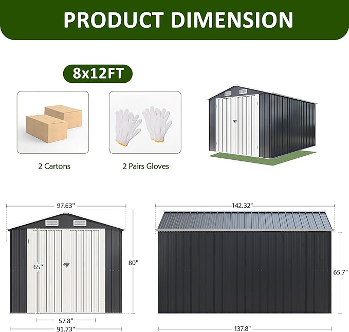 8x12 FT Outdoor Storage Shed, Metal Garden Tool Shed with Updated Frame Structure and Lockable Doors, Ideal for Backyard Garden Patio Lawn, Grey