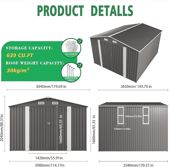 10x12 FT Outdoor Storage Shed,Large Metal Garden Shed with Double Door and Two Windows Waterproof Tool Shed for Backyard Patio Lawn Poolside,Grey