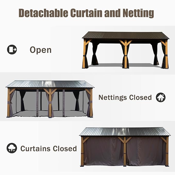 Domi Cedar Wood Gazebo 12’x20’ Hardtop Gazebo with Galvanized Steel Gable Roof, Outdoor Gazebos for Patio, Permanent Pergola for Deck, Backyard