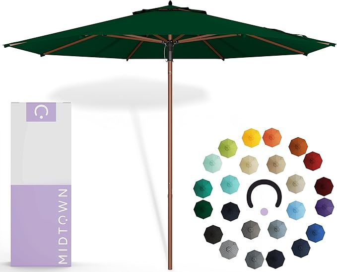 Midtown Umbrellas The Wooden 8 Feet Patio Umbrella With Sunbrella Forest Green Acrylic Fabric - Aluminum Frame Market Umbrella For Backyard, Deck, Garden, Pool - Wooden Pole