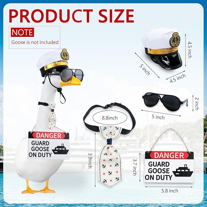 CAMDUCK 4 Pcs Porch Goose Accessories Porch Goose Sign Goose Navy Hat Eyeglasses Necktie Wooden Gooses Warning Sign Danger Guard Goose on Duty Warning Sign Goose Outfits Decor for Yard Porch Lawn