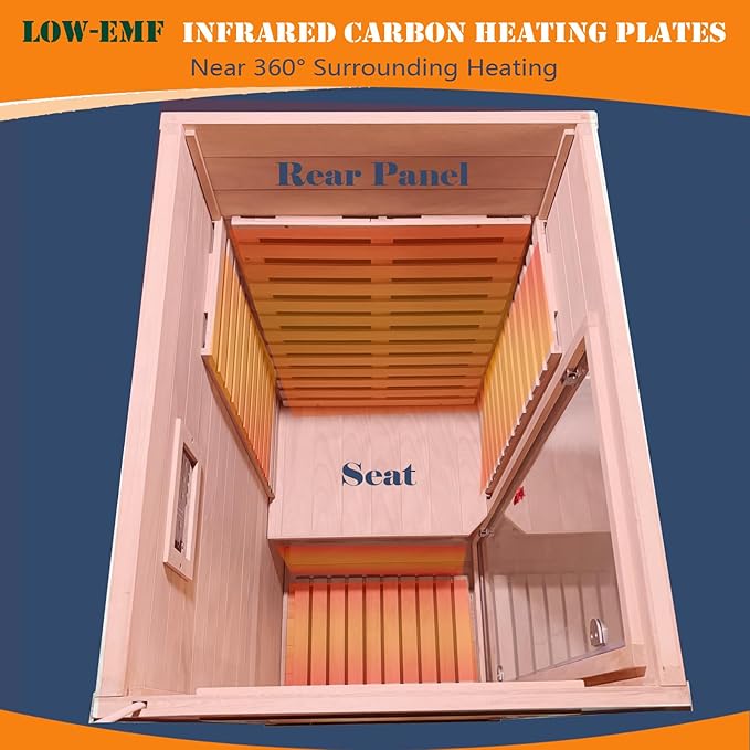 Far Infrared Saunas for Home, 1 Person Sauna Indoor Okoume Wood 1170W Low Emf Dry Sauna Room with Bluetooth Audio, 6 Heaters Panels and Tempered Glass Door (Natural, 35.4" * 27.5" * 63.3")