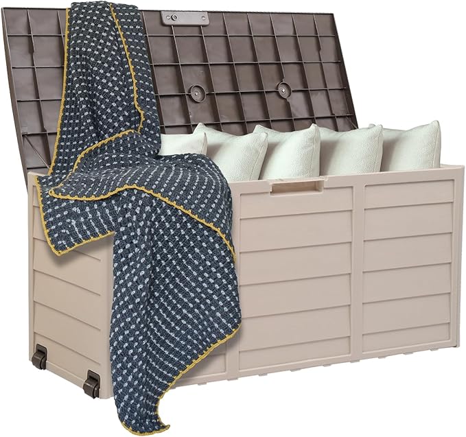 VINGLI 75 Gallon Resin Outdoor Deck Box, 75 Gallon Patio Storage Box with Side Handles, Lockable Storage Containers for Patio Furniture Cushions, Pool Accessories, Garden Tools, Coffee