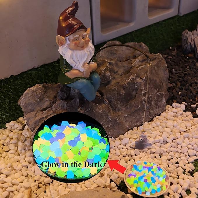Garden Gnome Fishing Statue, 9.7" Koi Pond Decor with Glow in Dark Pebbles, Great Gift for Mom